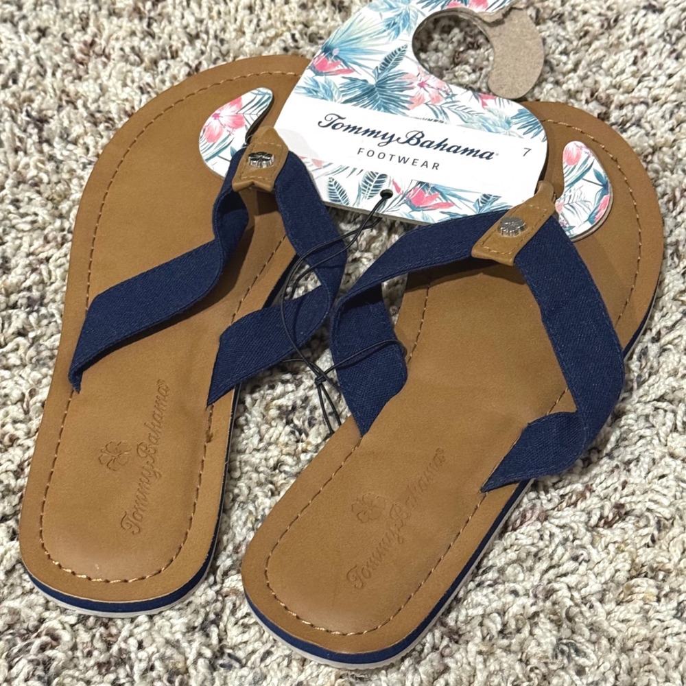 Tommy Bahama Speedwell Womens Navy Blue Brown Flip Flop Sandals Size 7 NEW